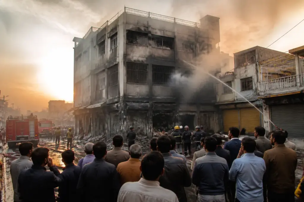 Firefighters responding to the Dhorimanna handloom store fire at a damaged commercial building