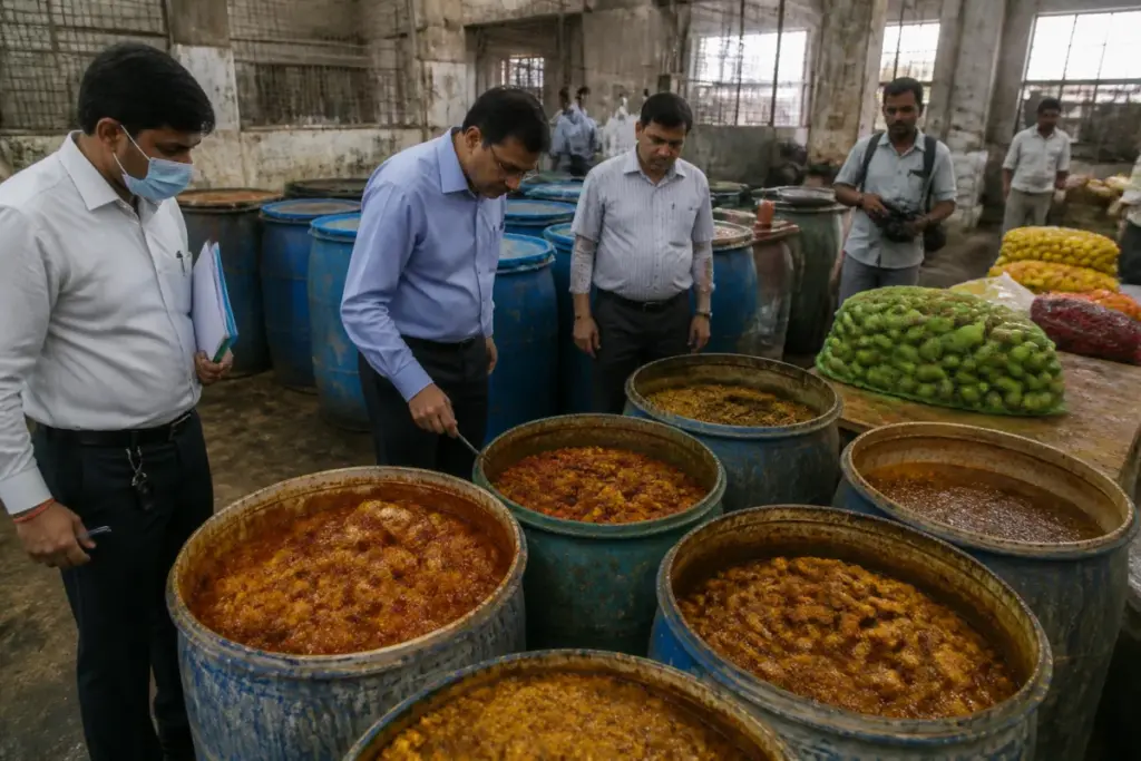 Jaipur food safety raid at a pickle manufacturing unit in Muhana Mandi
