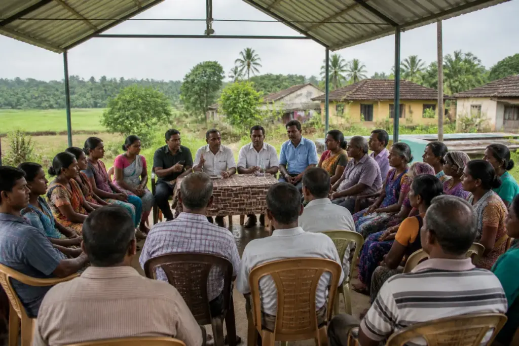 Residents at a meeting on infrastructure and forest rights in Goa tribal villages