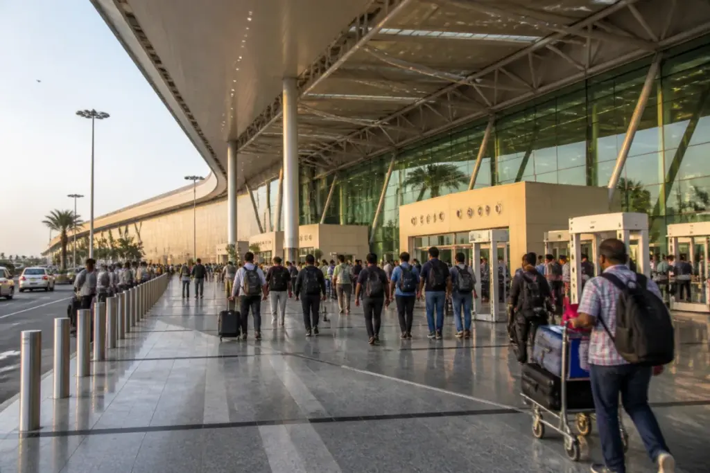 Nagpur Airport terminal upgrade with passengers at the modernised airport forecourt