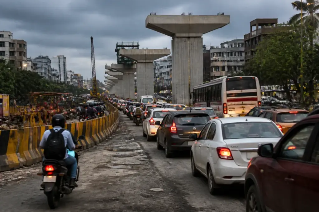 Nagpur flyover construction narrowing the Inner Ring Road near Manewada