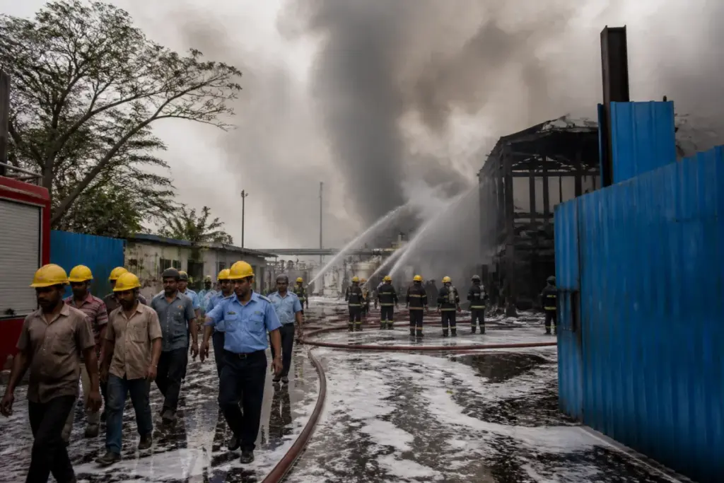 Firefighters tackling the Raipur tar factory fire in the Urla industrial area