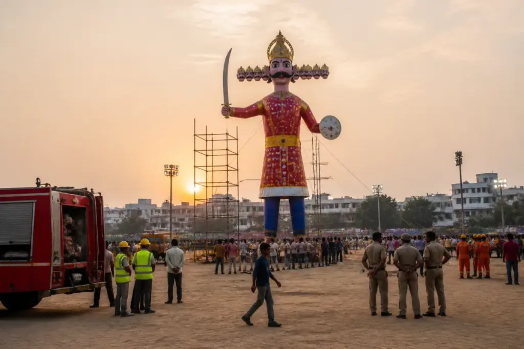 Raipur Dussehra arrangements at a city celebration venue with a large Ravana effigy