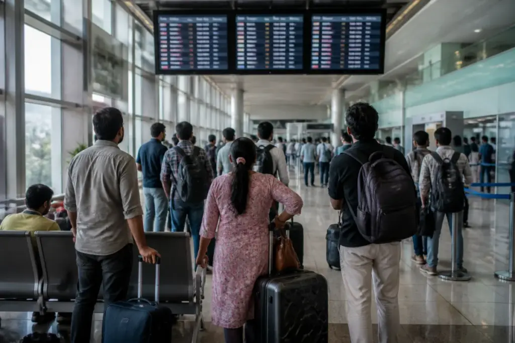 Indore flight cancellations leave passengers waiting at an airport terminal