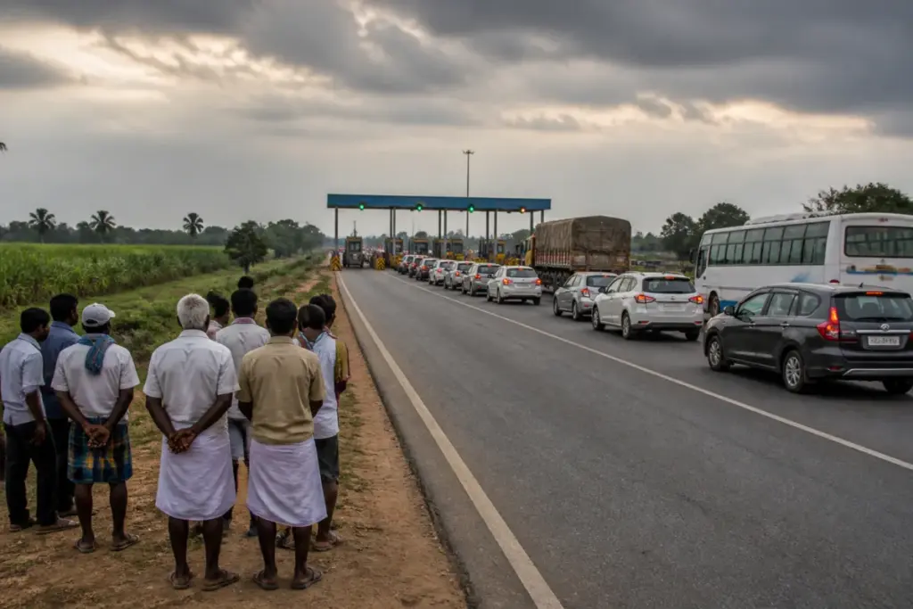 Bengaluru-Mysuru Highway near a toll plaza in Mandya, linked to a planned KRRS shutdown.