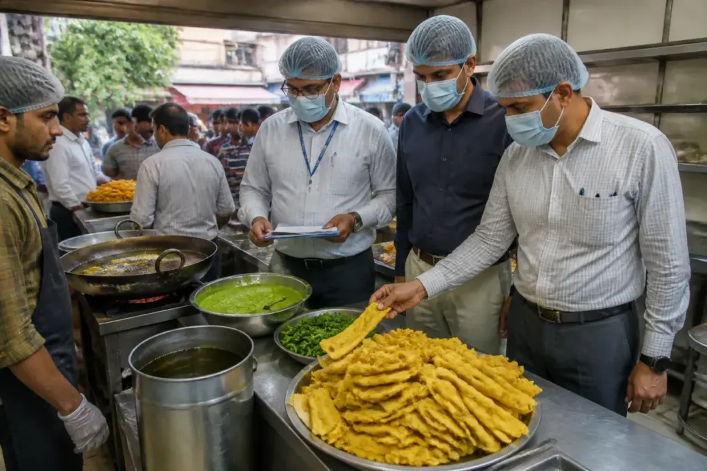 Surat food safety officials inspecting a fafda shop ahead of Dussehra