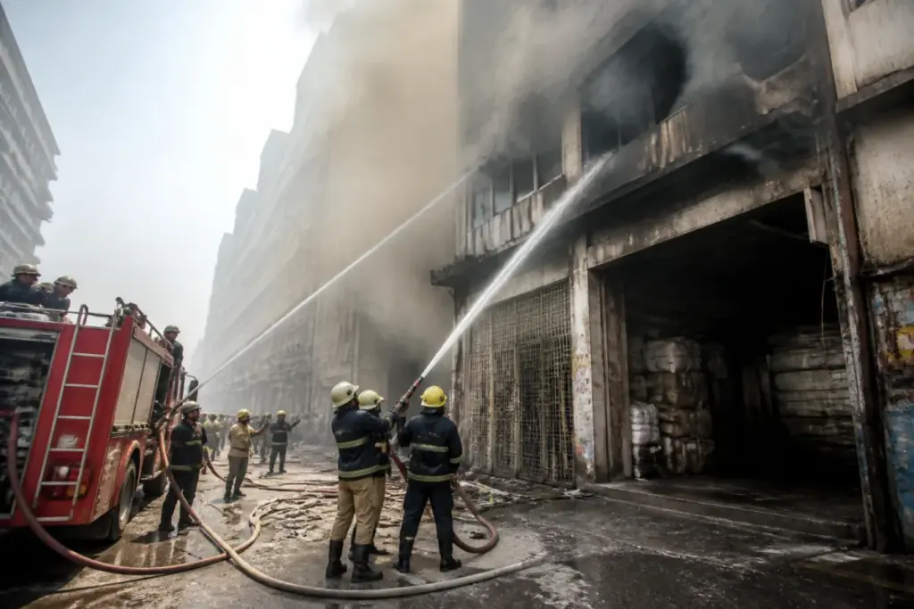 Firefighters tackle the Surat textile market fire at Adinath Textile Market on Ring Road.