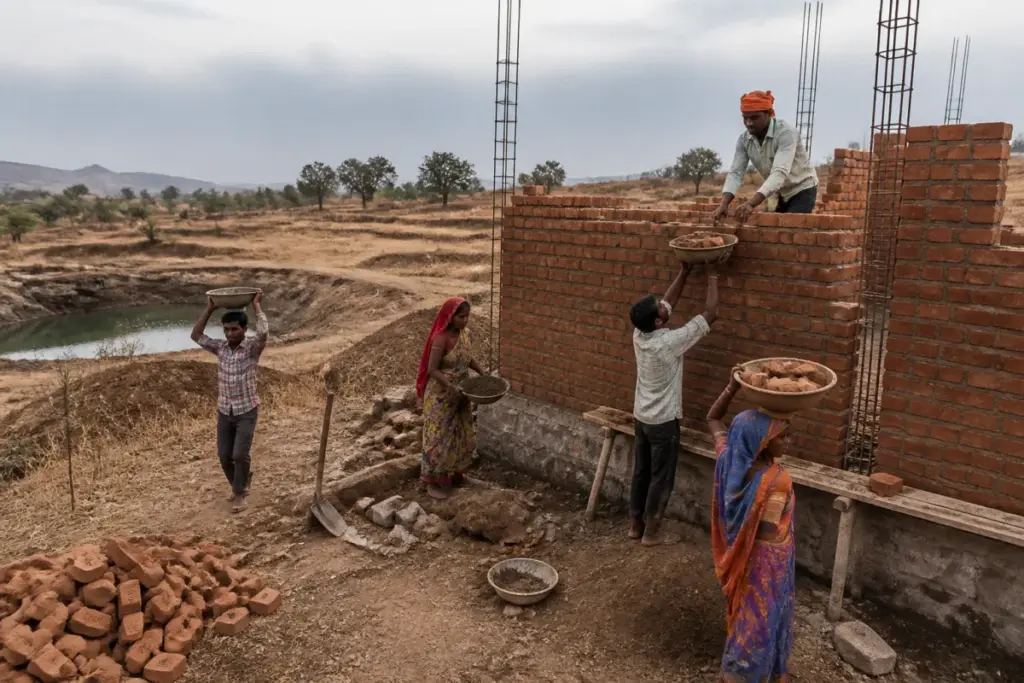 Nandurbar rural employment scheme workers building a rural house near drought-affected farmland