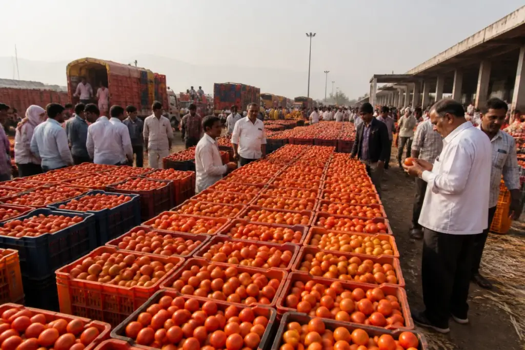 Tomato prices at Pimpalgaon APMC fall sharply as crates arrive at the Nashik wholesale market