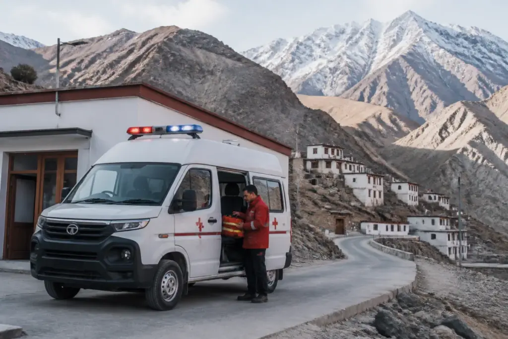 Ladakh ambulance service vehicle positioned near a remote mountain village