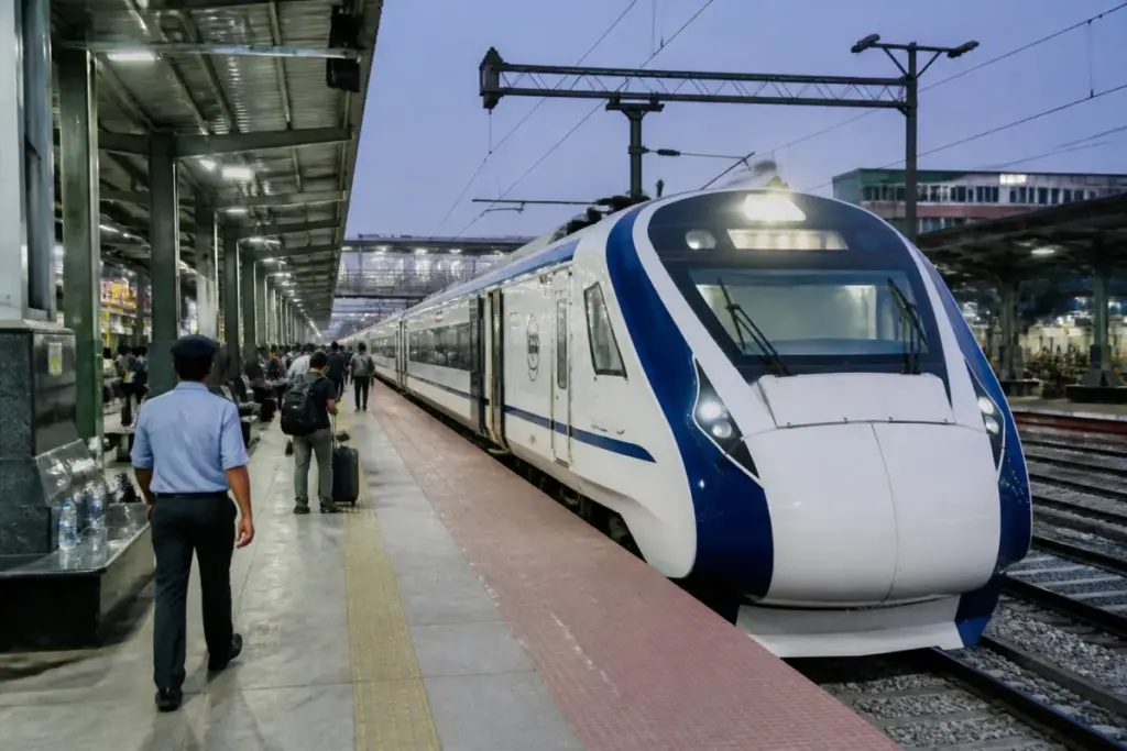 Bengaluru Mumbai Vande Bharat sleeper train at a Bengaluru railway terminal