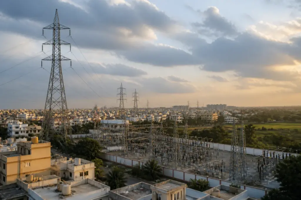 Karnataka power supply infrastructure with electricity transmission lines near Bengaluru