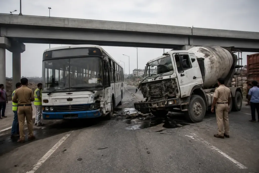 RTC bus near the Batasingaram flyover after a Hyderabad road accident