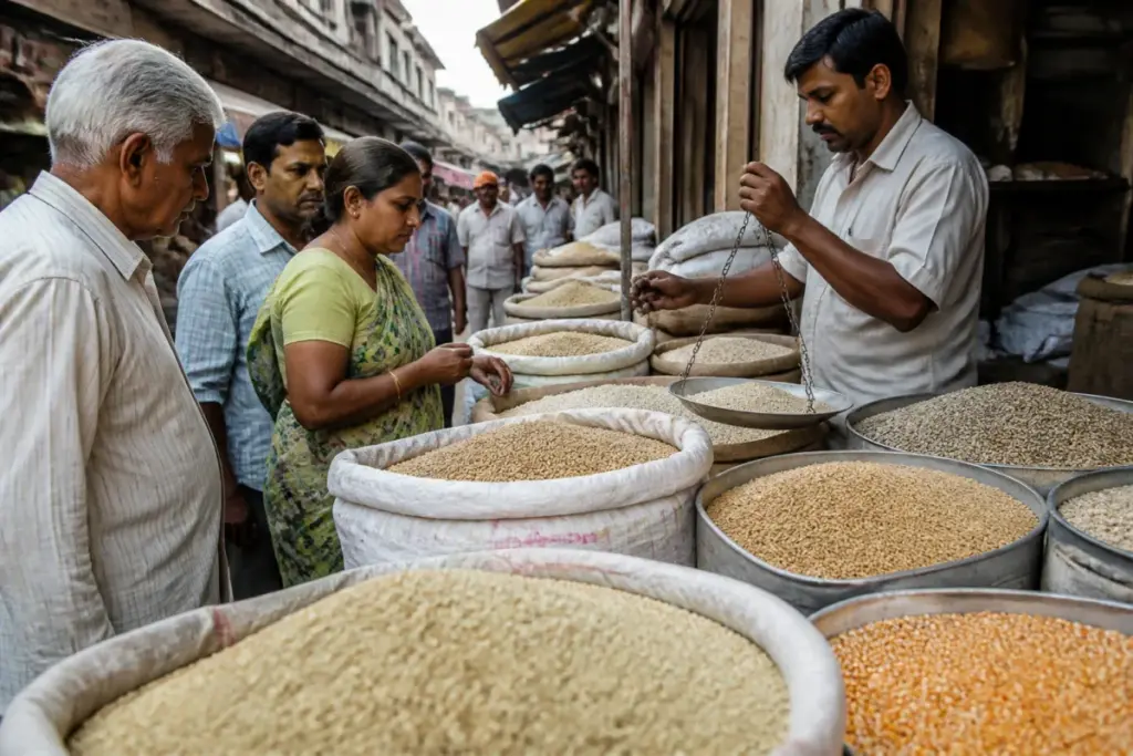 Maharashtra grain prices displayed at a Pune market after drought reduced crop arrivals