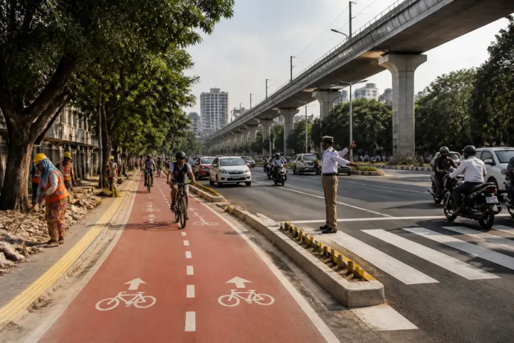 Pune cycle network route beside upgraded roads and footpaths near a metro corridor