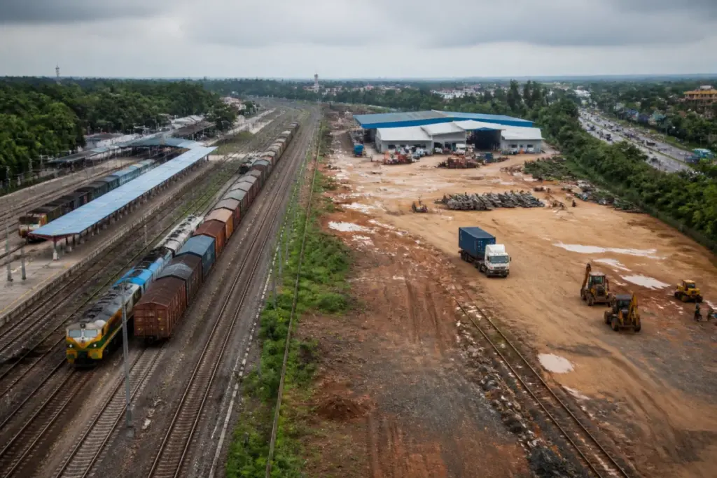 Angamaly railway logistics centre site near Kochi showing railway tracks and freight infrastructure