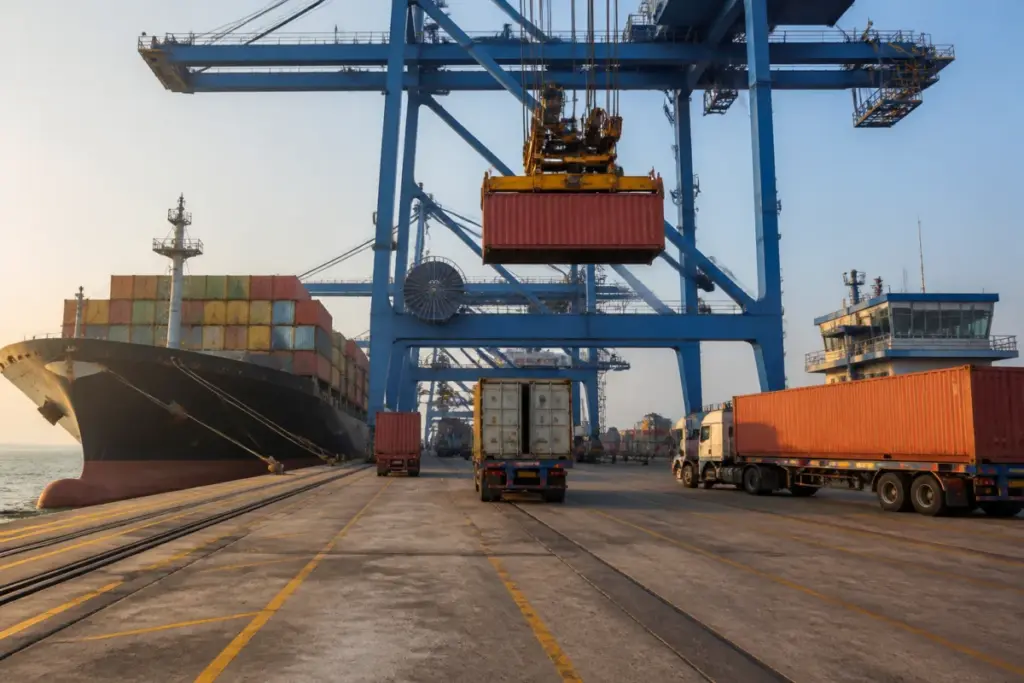 India New Zealand FTA trade route with Indian export containers at a modern port