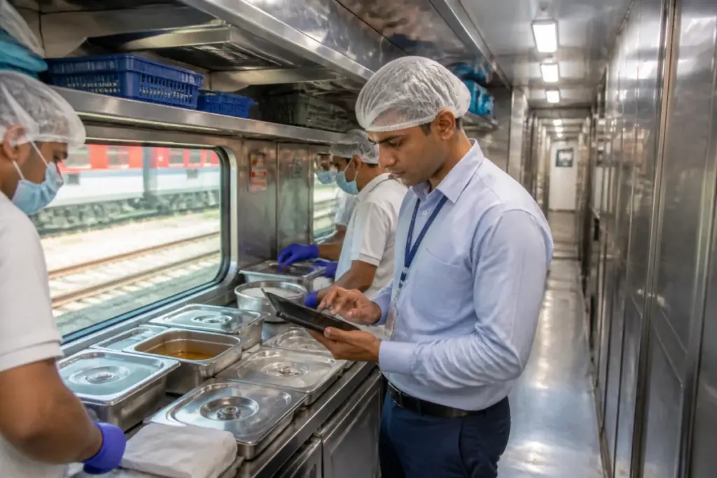 Indian Railways food quality inspection at a train catering facility