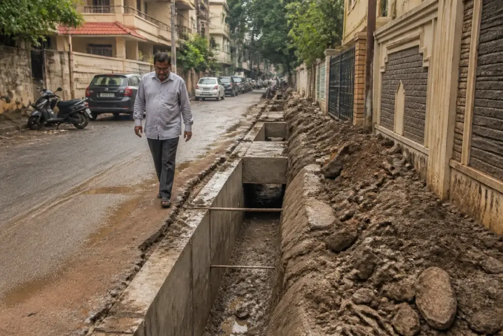 Cooke Town drain work leaving debris across a Bengaluru residential road