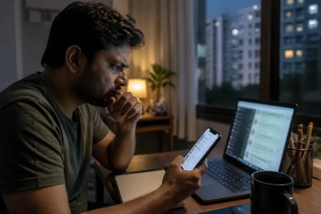 Work-from-home job scams advertised on a smartphone beside a laptop in Bengaluru