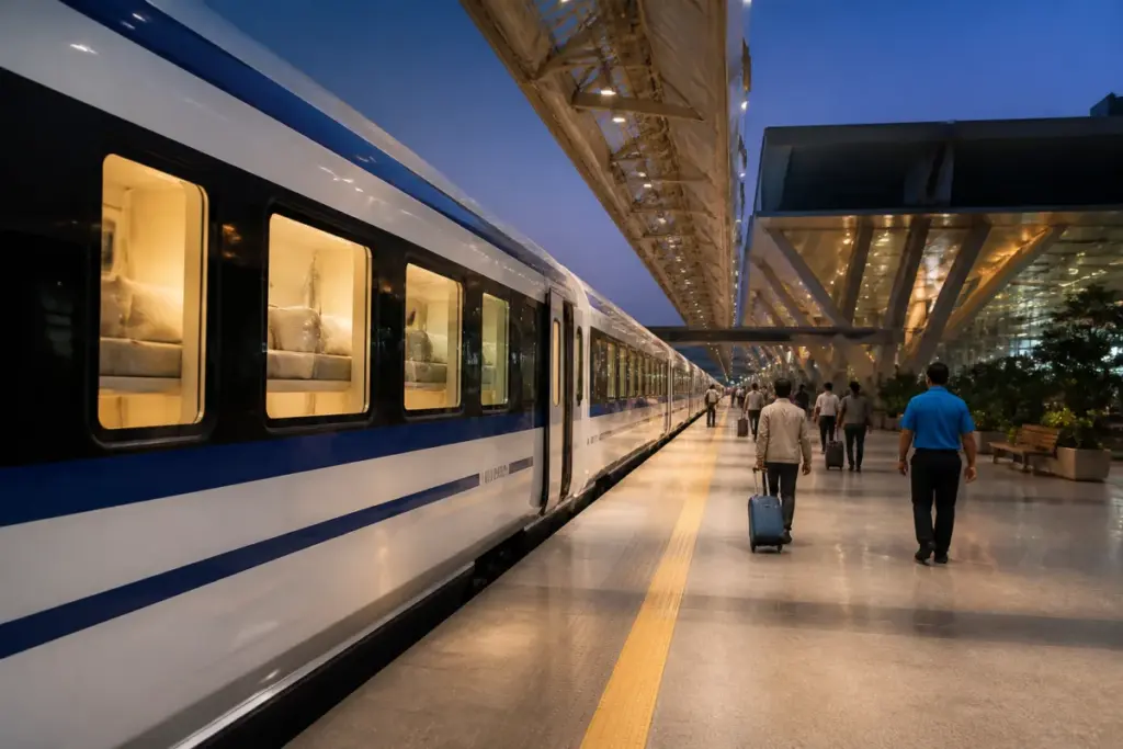 Bengaluru Mumbai Vande Bharat sleeper train at a railway terminal