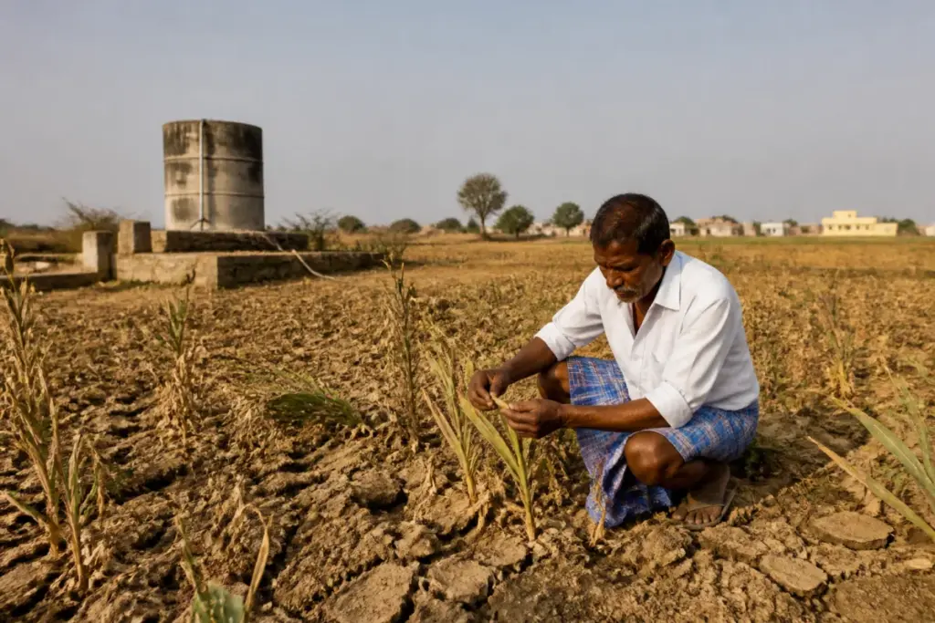 Karnataka drought relief assessment covering dry farmland and drought-affected rural infrastructure