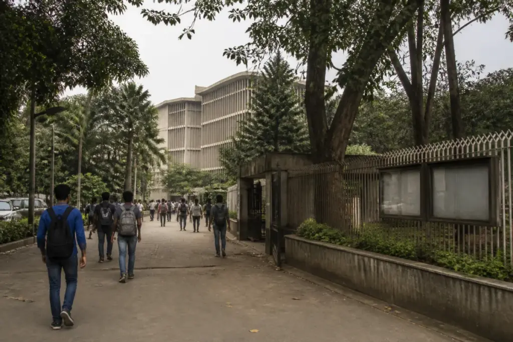 IIT Bombay student welfare campus buildings and an academic walkway under scrutiny