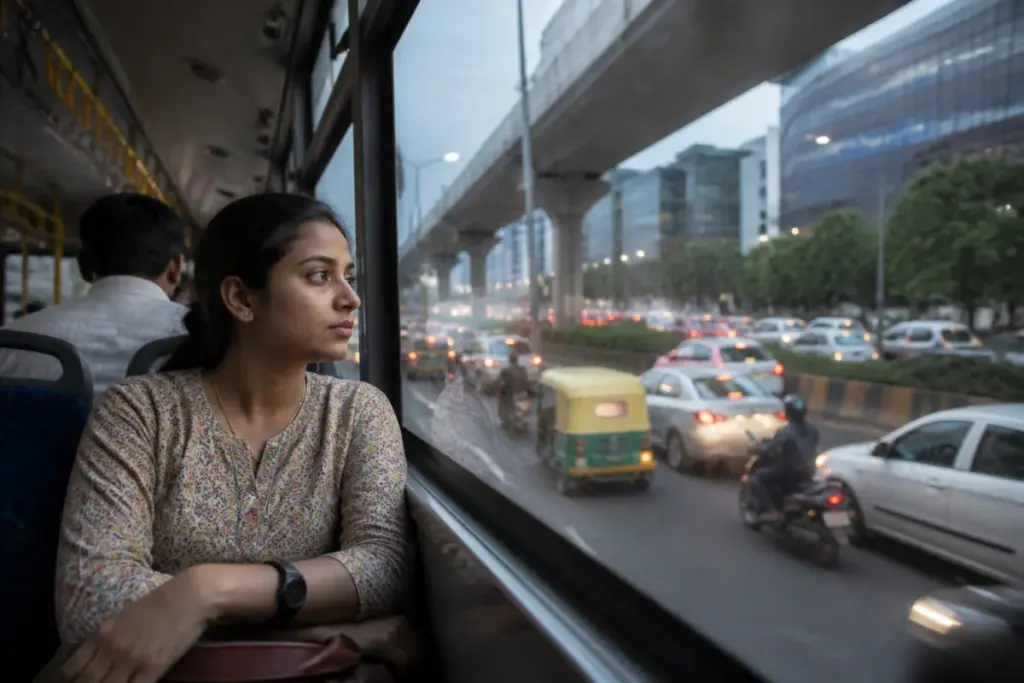 Bengaluru office worker during a long commute, illustrating women's pelvic health risks