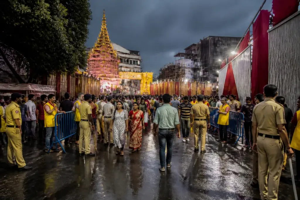 Kolkata pandal safety measures with widened exits and crowd-control arrangements at a Durga Puja venue