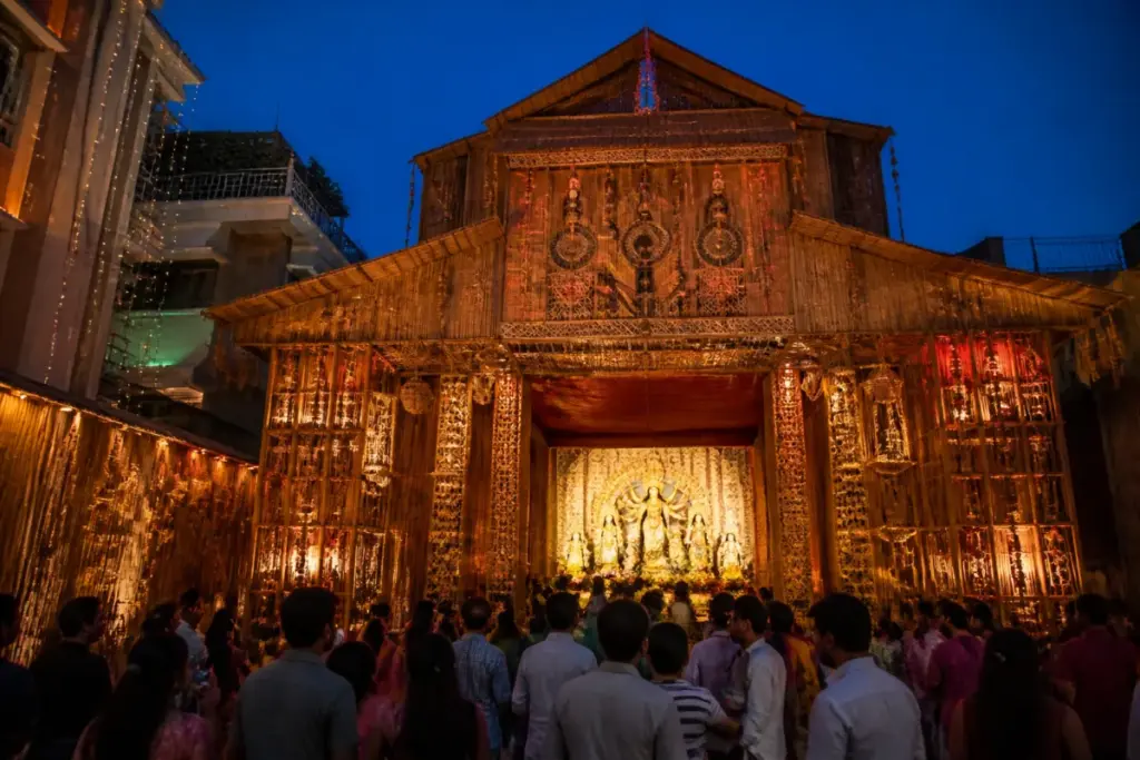 Delhi Durga Puja pandal built with bamboo and traditional craft materials
