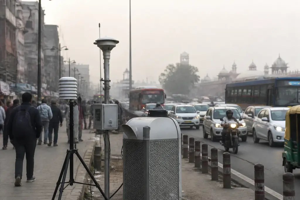 Delhi pollution control plan site near a busy market road with sensors and traffic