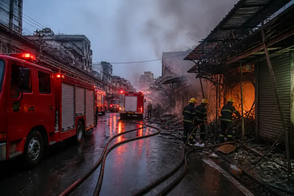 Fire engines responding to the Baghajatin market fire in Kolkata