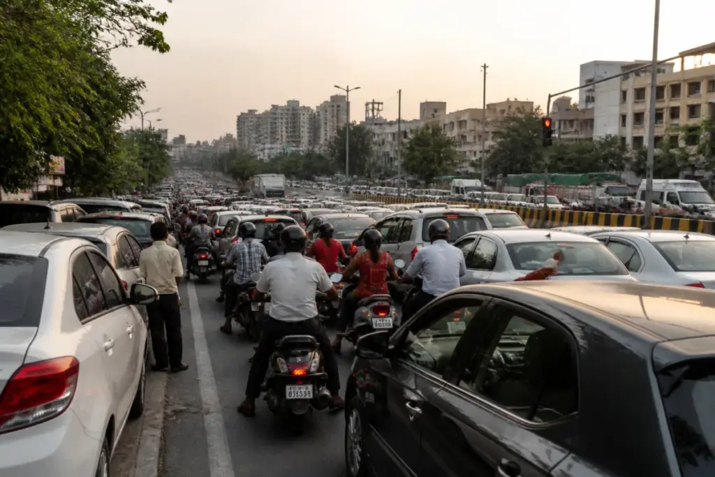 Pune traffic chaos on a congested arterial road with vehicles blocking lanes and commuters navigating junctions