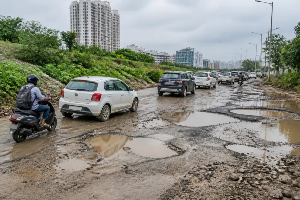 Shanthipura road potholes causing traffic congestion near Hebbagodi in Bengaluru