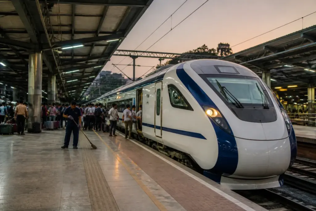 Bengaluru Mumbai Vande Bharat sleeper train at a railway terminal