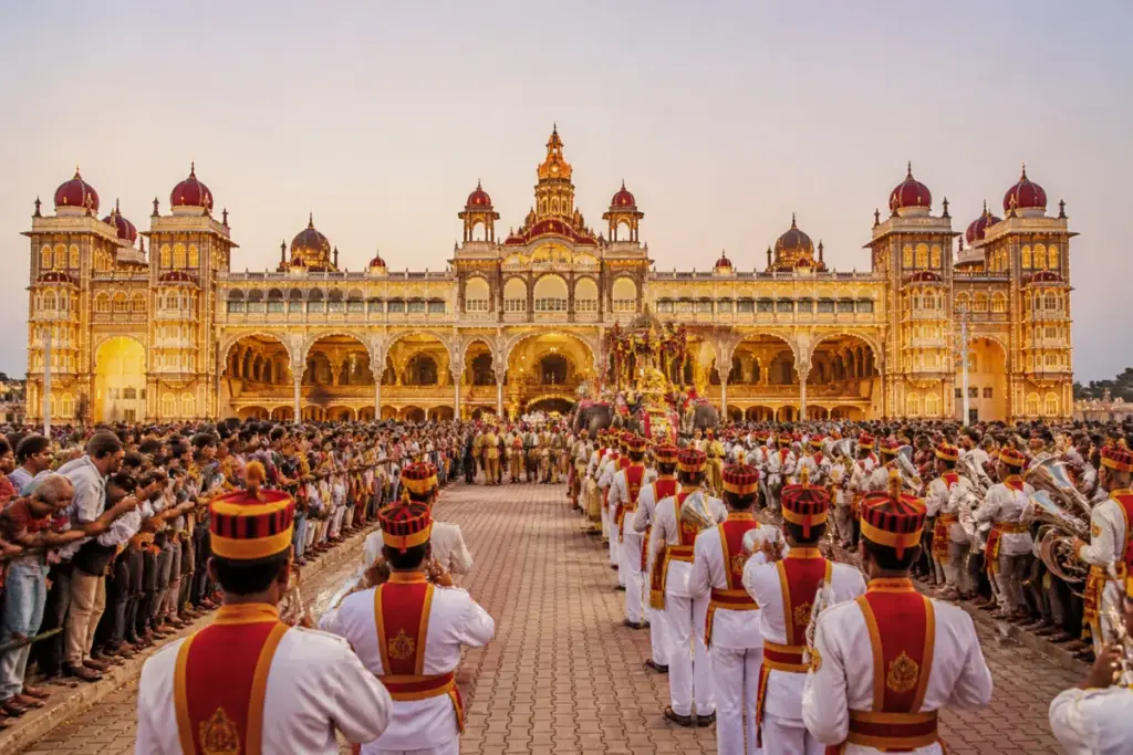 Mysuru Dasara procession route near the illuminated Mysuru Palace