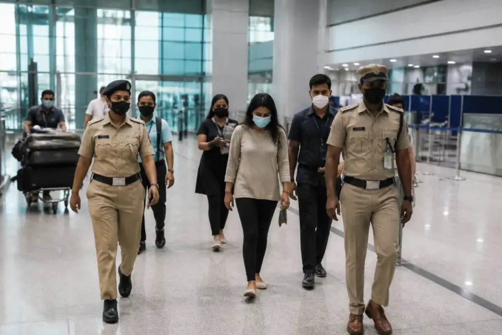 Hyderabad chit fund case accused being escorted at Rajiv Gandhi International Airport
