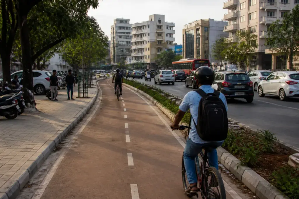 Pune cycle tracks along an urban road with cyclists, parked vehicles and surrounding footpaths