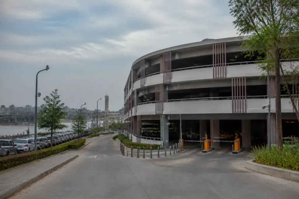 Ahmedabad riverfront parking facility opposite Flower Park with multi-level parking structure