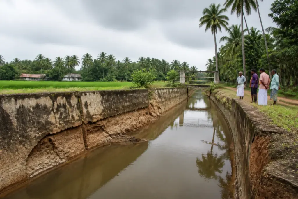 Deteriorating Chalakudy River Diversion Scheme canal near farmland in Kerala