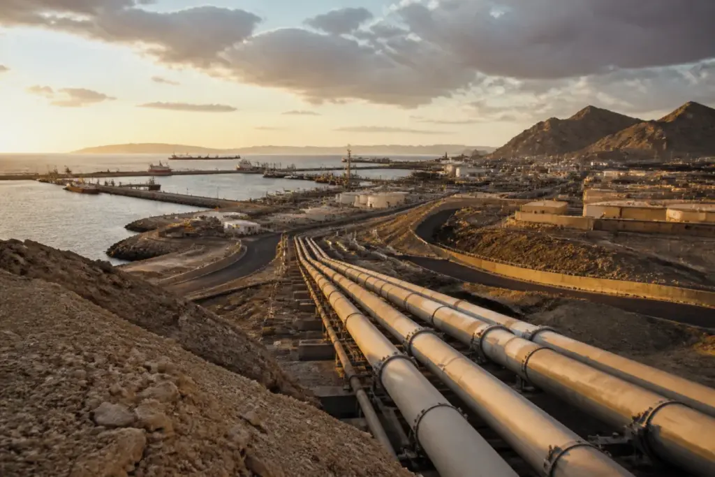 Gulf infrastructure corridor with pipelines and port facilities near the Strait of Hormuz