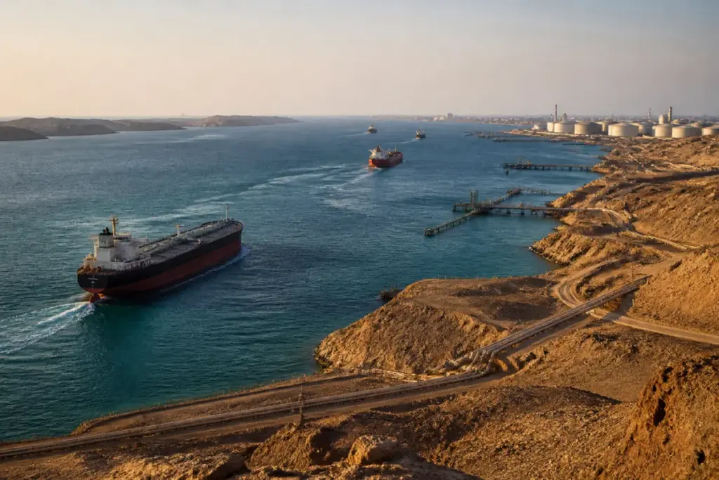 Strait of Hormuz shipping route with Gulf pipelines and port infrastructure