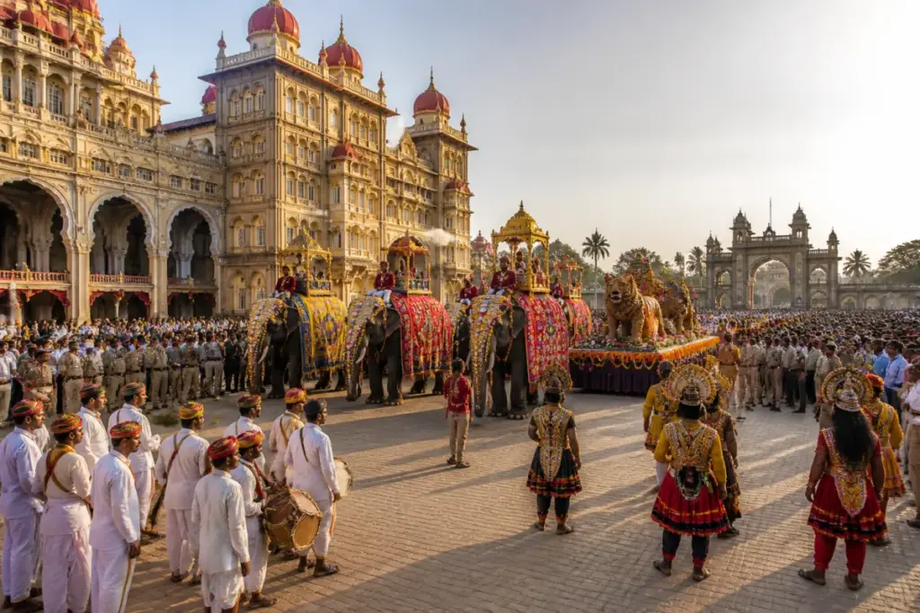 Mysuru Dasara procession route near Amba Vilas Palace in Karnataka