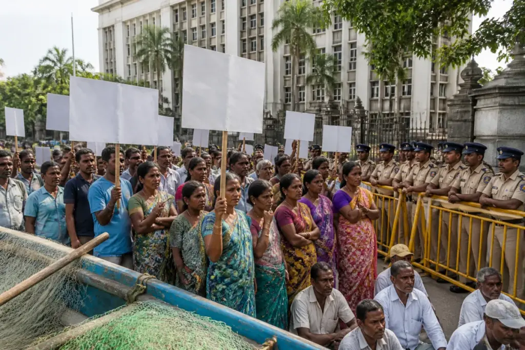 Mumbai fishermen protesting the proposed Manori desalination plant outside the Collector’s office
