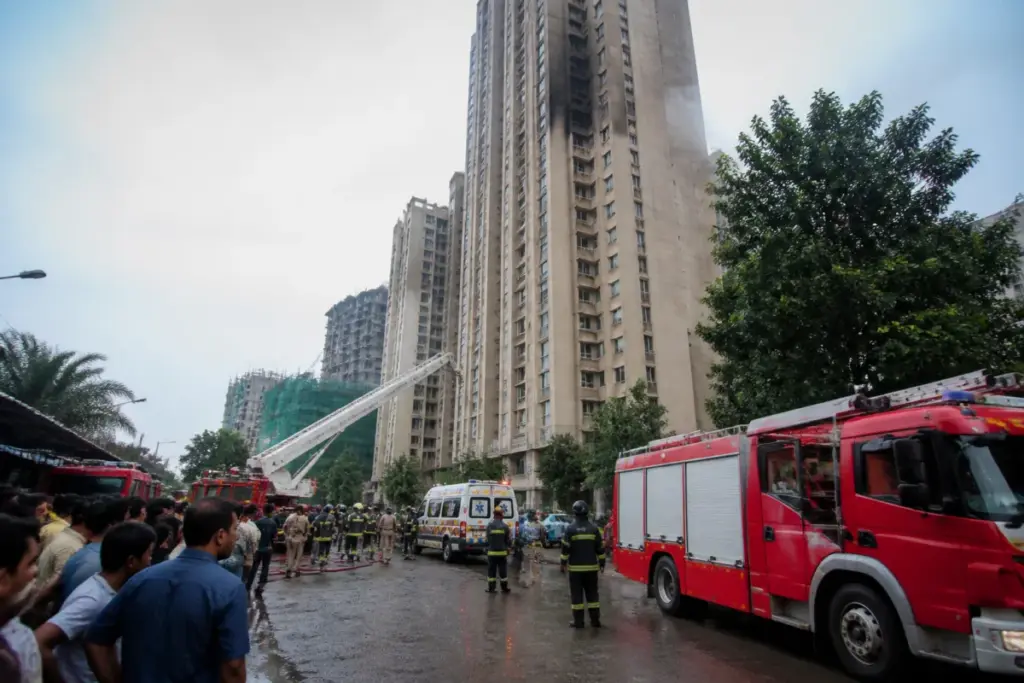 Firefighters respond to the Kurla high-rise fire near Kohinoor Hospital in Mumbai.