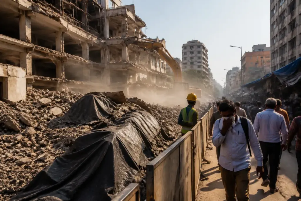 Andheri demolition site with dust-control violations near a busy Lokhandwala road