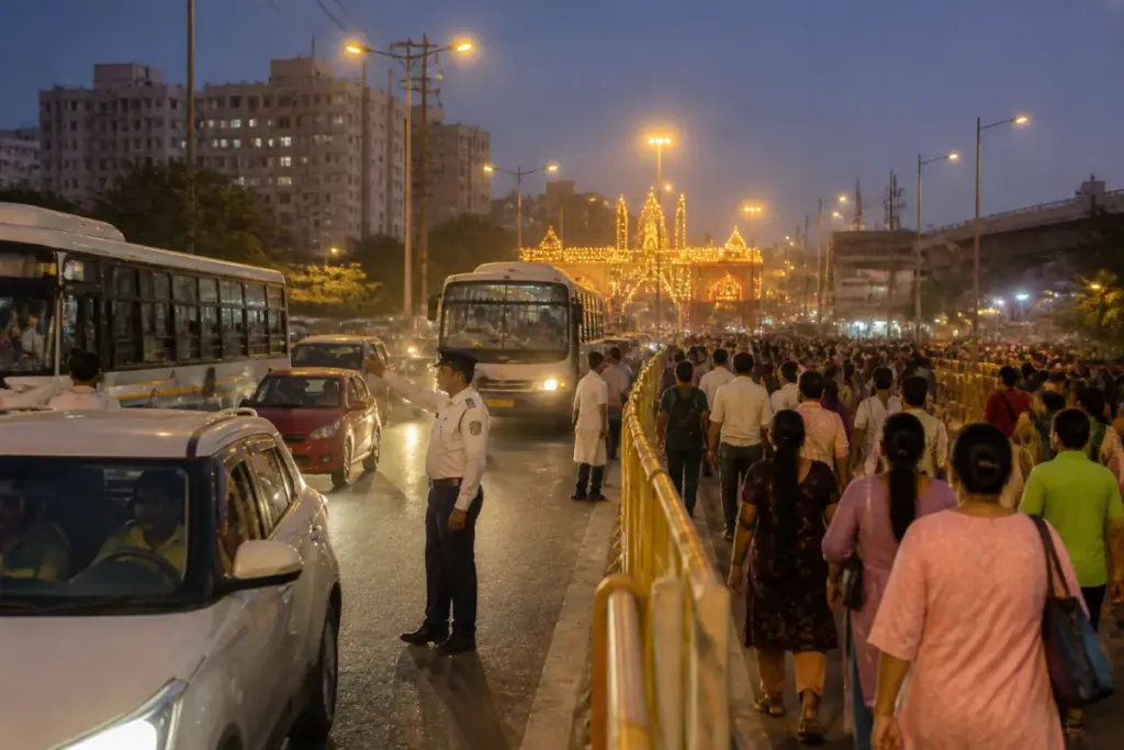 Delhi Dussehra traffic advisory near a crowded East Delhi road