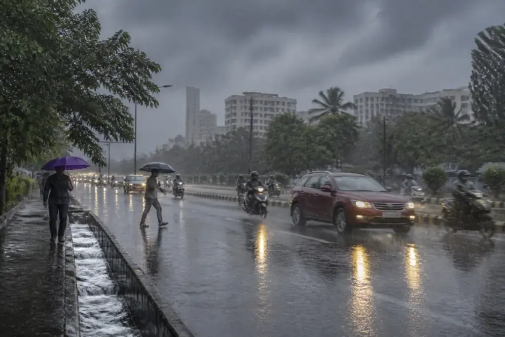 Tamil Nadu weather alert showing heavy rain over an urban road with commuters and storm clouds