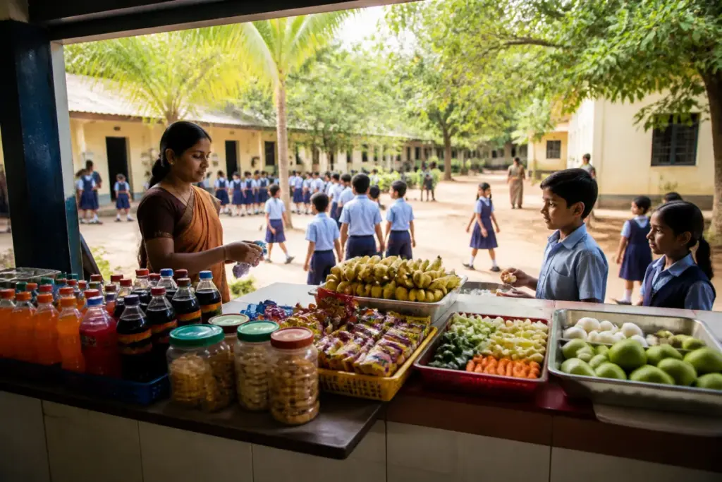 Kerala junk food rules being discussed near a school canteen with packaged snacks and healthy food options