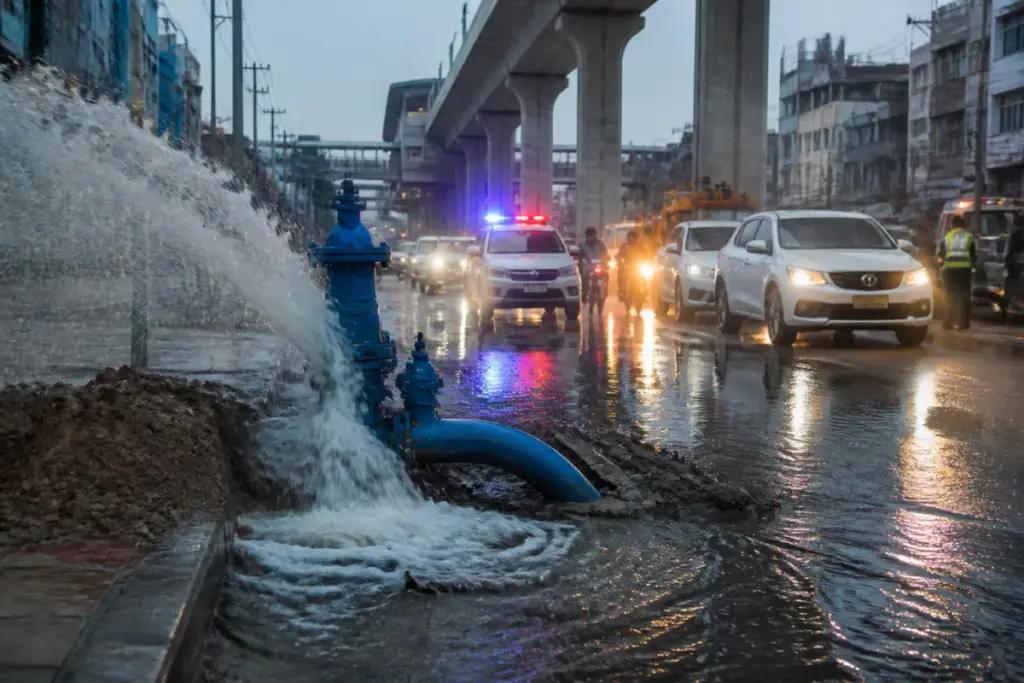 Damaged Krishna water pipeline near Nagole Metro Station after a car crash in Hyderabad